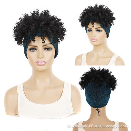 Ombre Short Black Kinky Curly Fluffy Turban Wigs Wrap Heat Resistant Afro Synthetic Headband Attached Wigs For Black Women